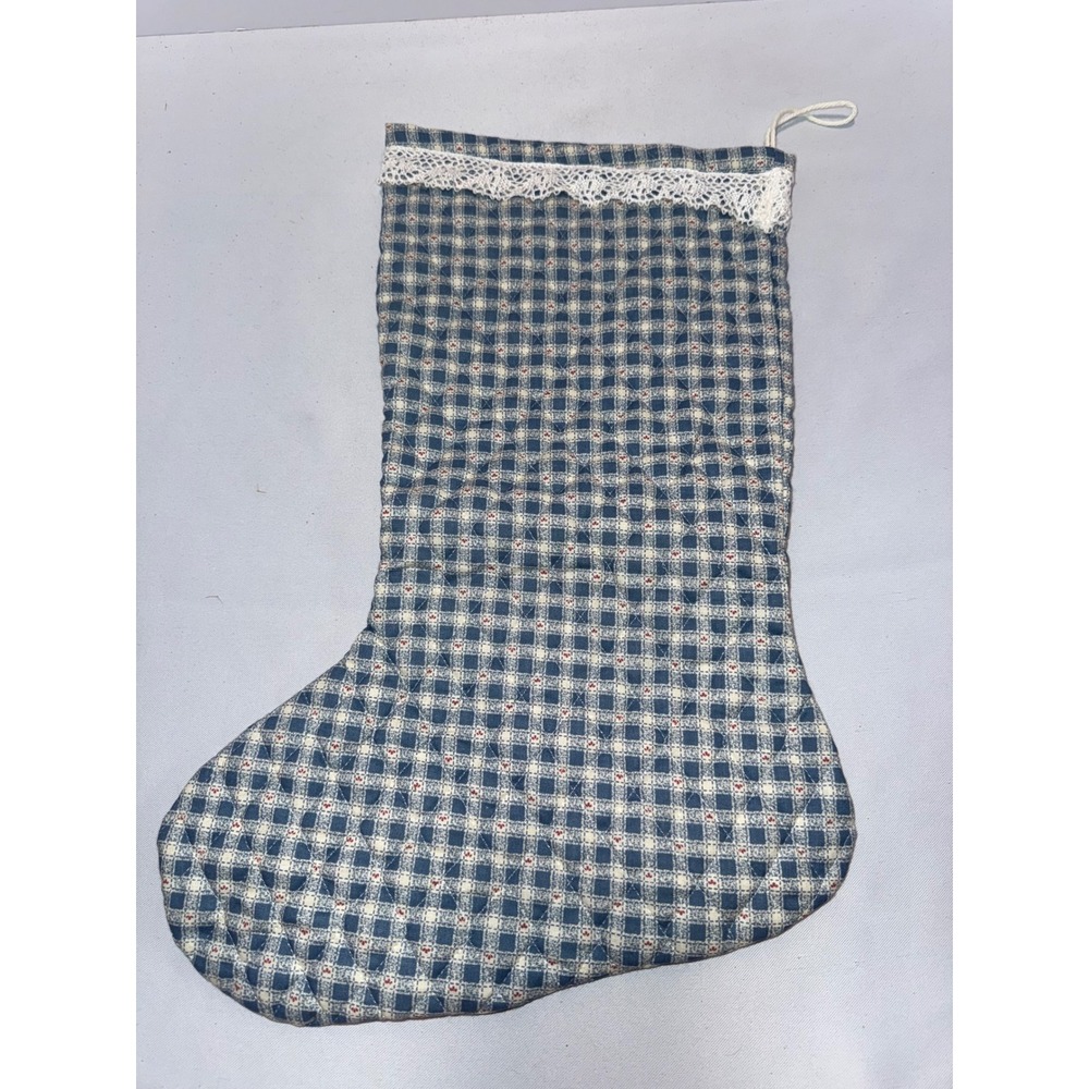 Handmade Quilted Christmas Stocking Navy Blue Gingham Check Lace Trim Country